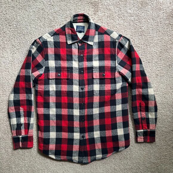 J Crew Jacket Mens XS Shacket Overshirt Fleece Lined Red Checkered Spread Collar - Picture 1 of 12